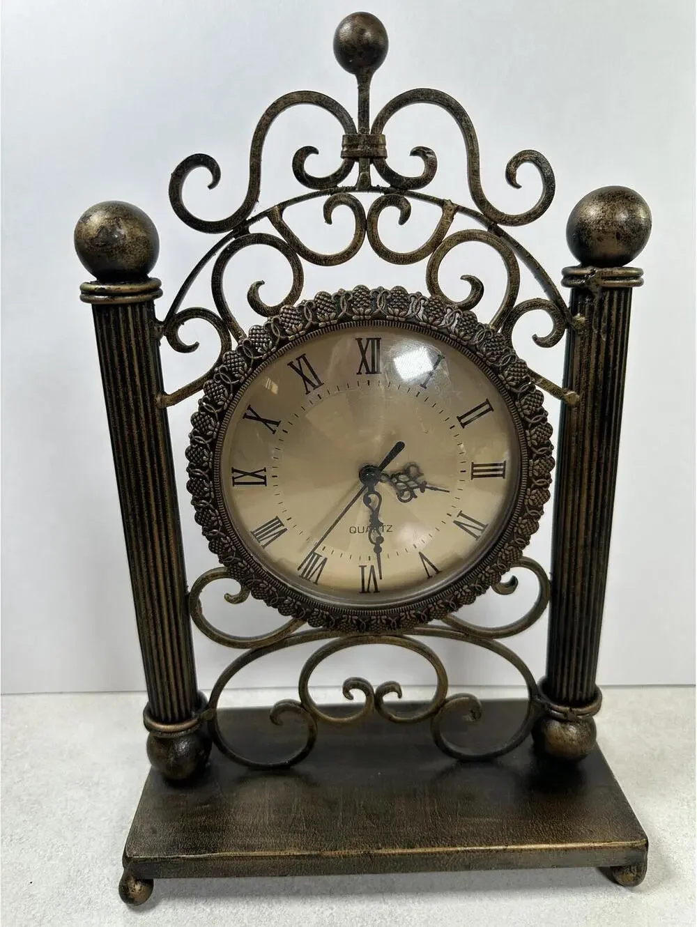 Bronze Tone Scrollwork Quartz Mantel Table Clock Tested Gothic Dark Academia